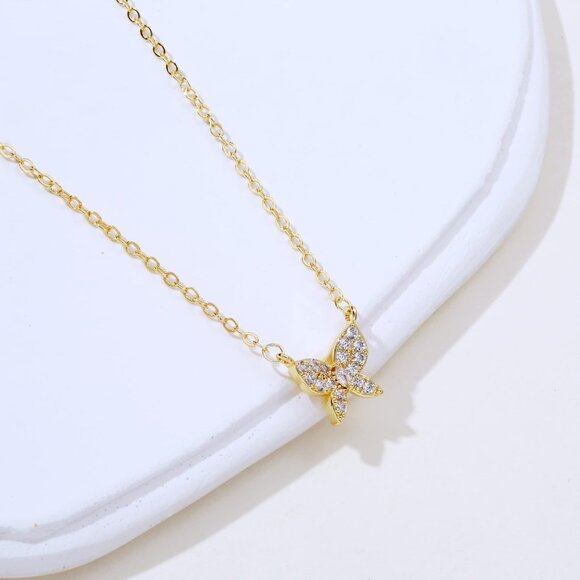 🆕Women’s Gold 14k Gold Plated CZ Butterfly Pendant Necklace Hypoallergenic - Picture 6 of 7